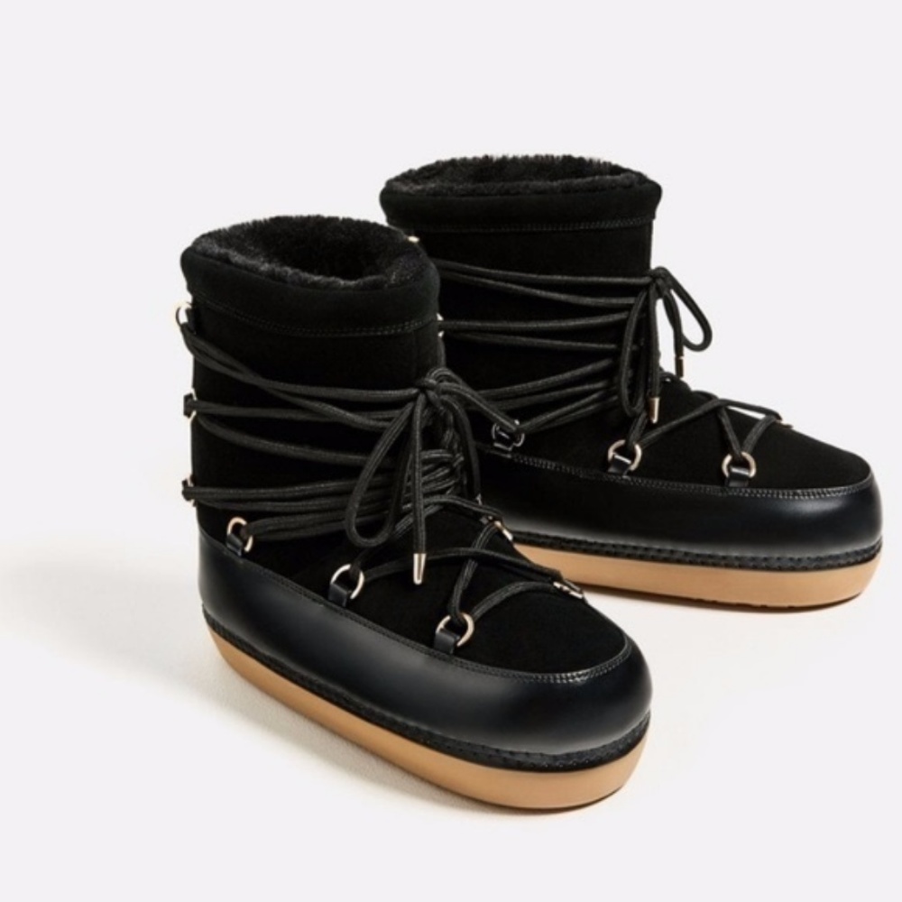 Zara | Shoes | Zara Lace Up Fur Lined Moon Ski Ankle Boots  display picture 1